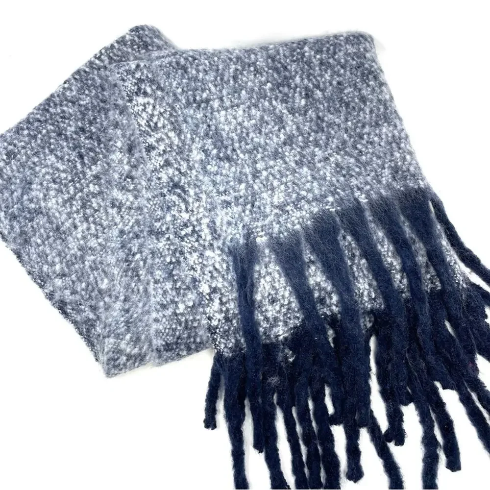 Renne's NYC Women's Soft Plush Scarf in Navy & White Rectangle Scarf w/ Fringe